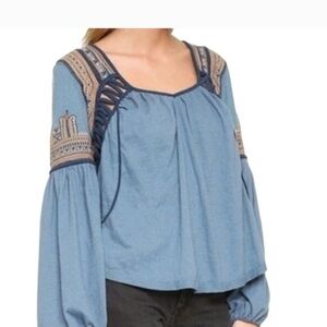 Free People Snow Kisses Blue Bishop Long Sleeve Embroidered Split Back Blouse S